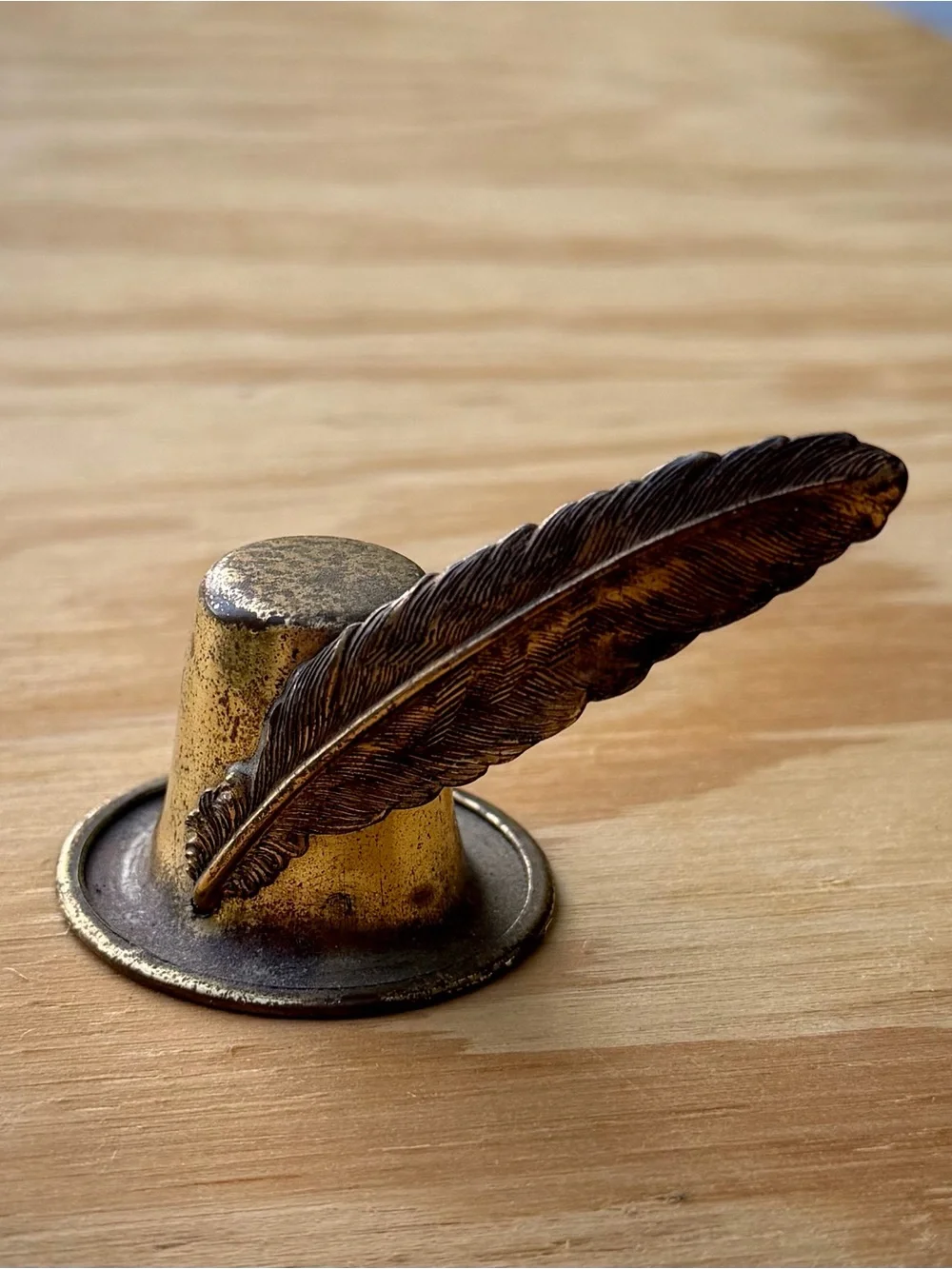Brass Top Hat Candle Snuffer Feather Handle w/ Aged Patina